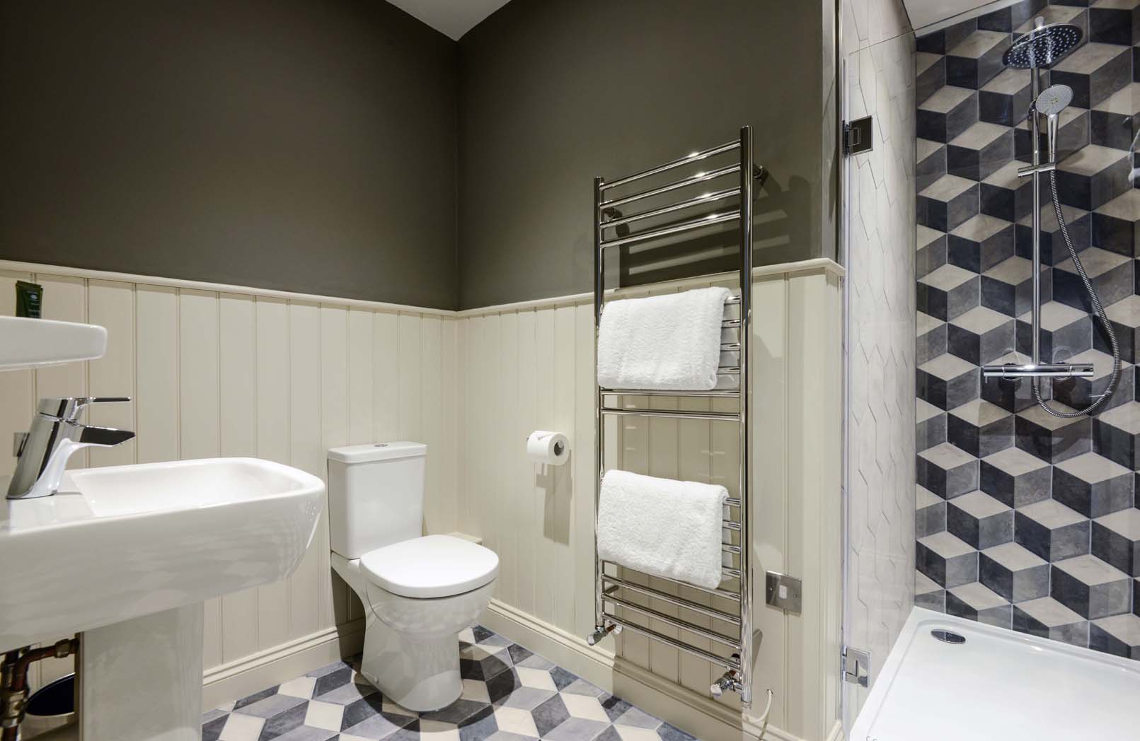Barrow Gurney - Geometric tiles, white bathroom, walk in shower, heated towel rack